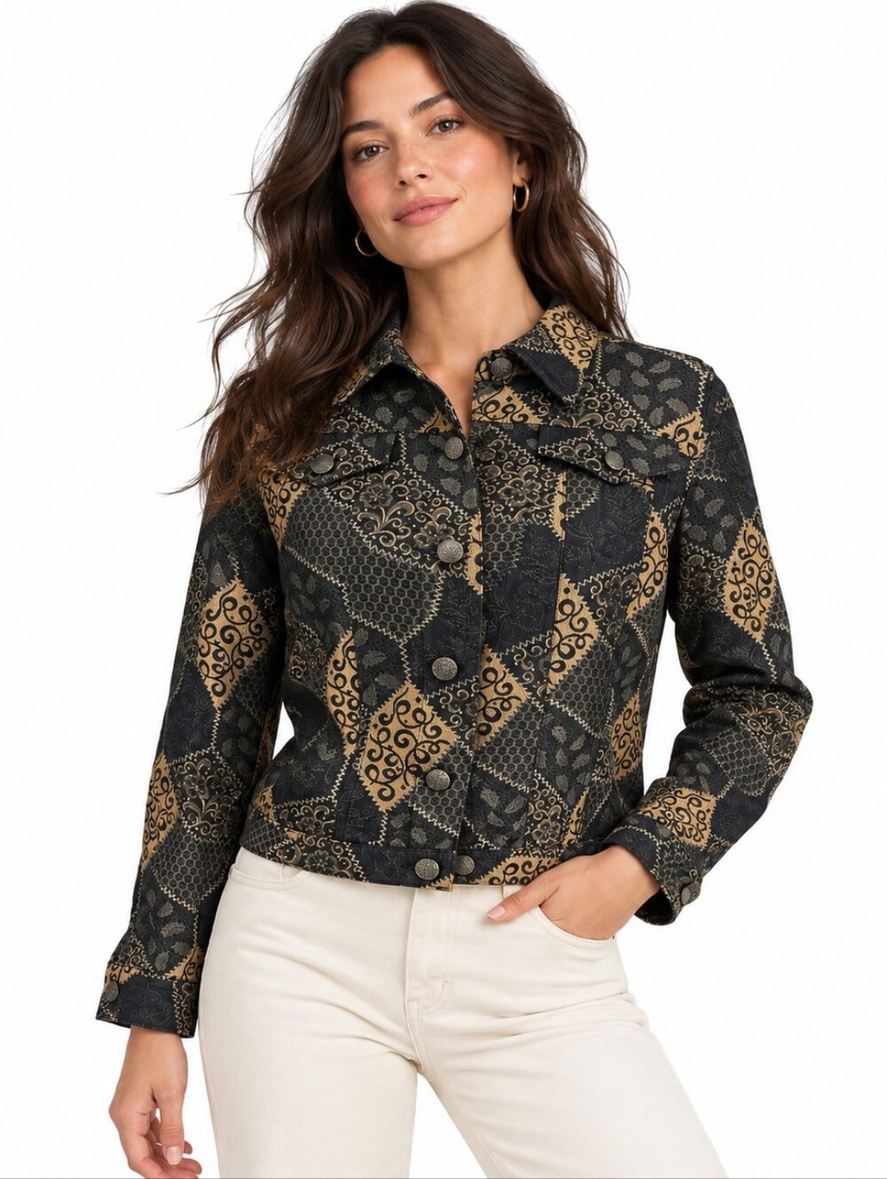 Hearts of Palm Jacket Size 12 Black Tan Patchwork Print Cropped
